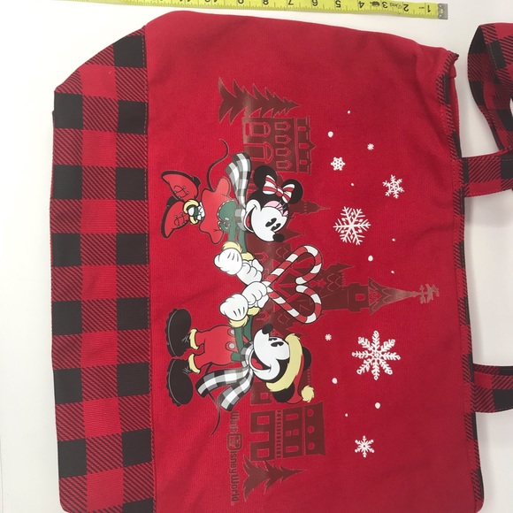 Disney Parks Mickey Minnie Mouse Holiday Christmas Large Tote Bag Plaid Red - Picture 3 of 9